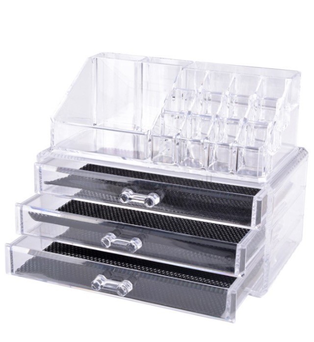 CLEAR COSMETIC ORGANIZER & STORAGE BOX WITH DRAWS AND GRID - Home Worth