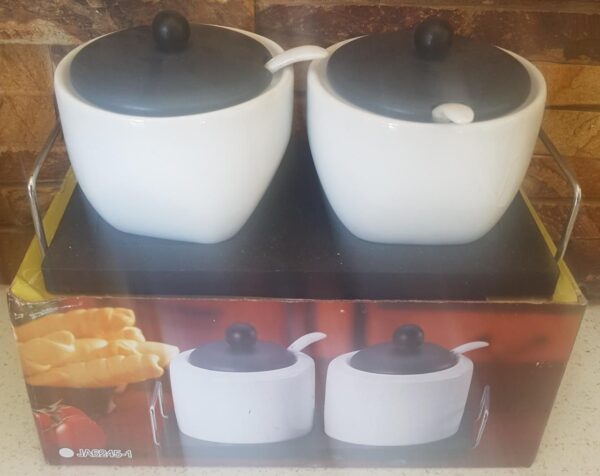 2PC CERAMIC CONDIMENT SET WITH BASE & SPOONS