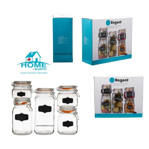 REGENT HERMETIC GLASS CANISTERS GLASS WITH CLIP-SEAL & BLACKBOARD NOTES - 5 PIECE SET